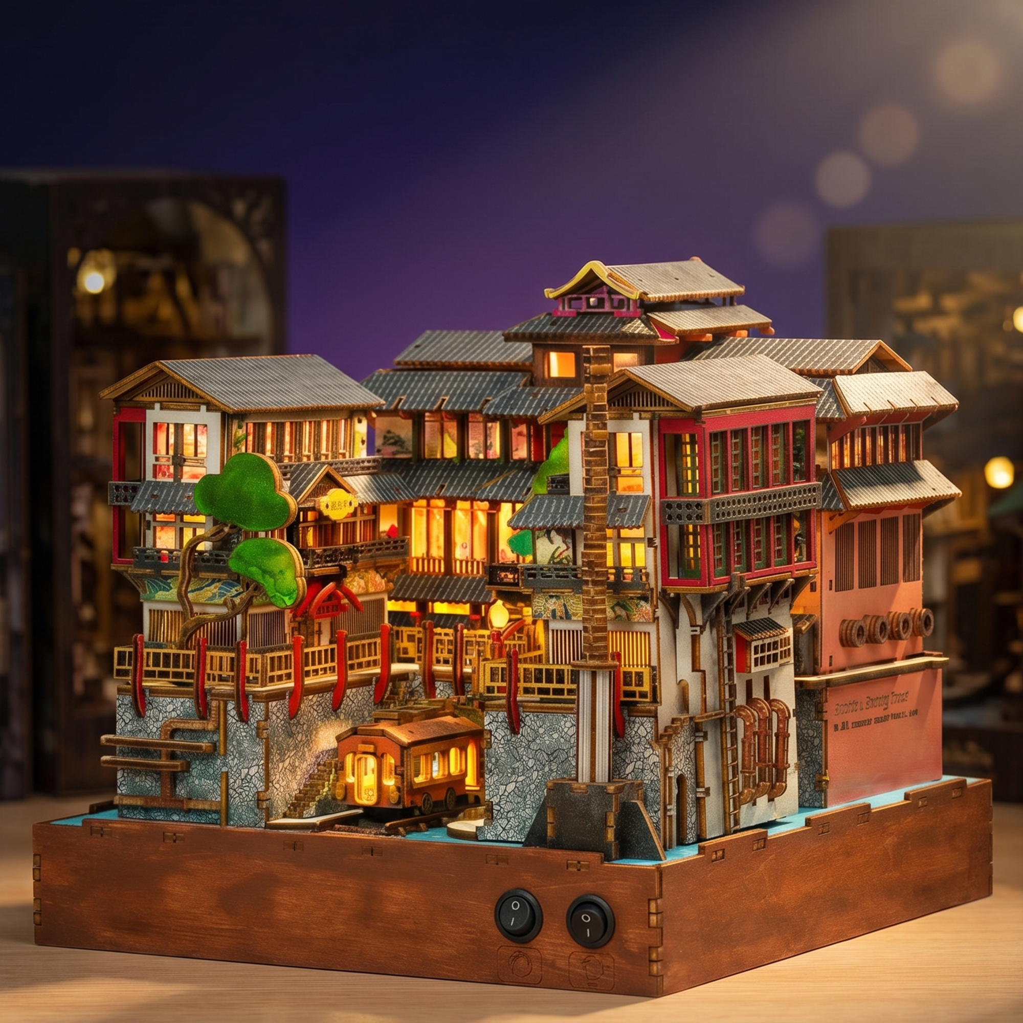 Ginzan Onsen book nook kit assembled with warm LED lighting and Japanese hot spring town