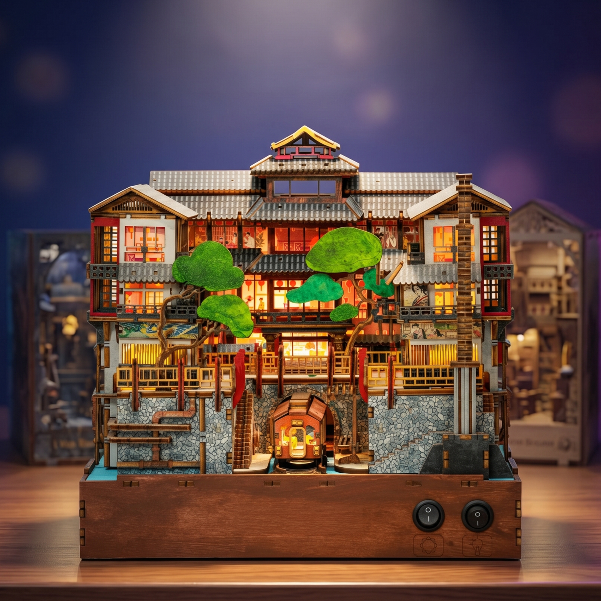 Close-up detail view of Ginzan Onsen book nook kit architectural elements and craftsmanship