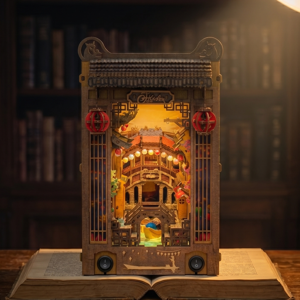 Side angle view of Hoi An Old Town book nook kit showing depth and dimension