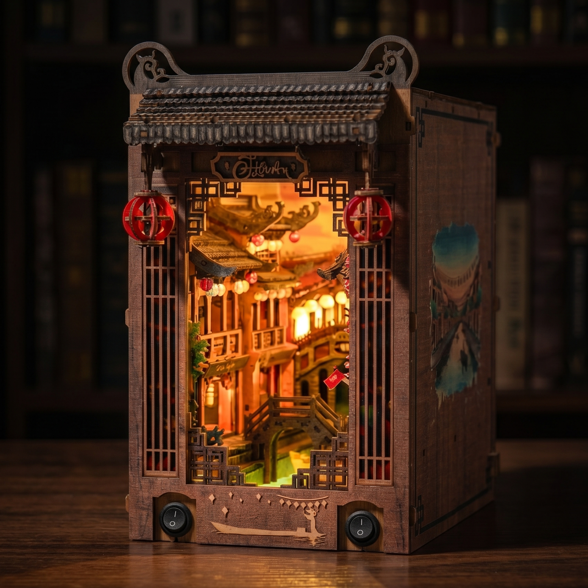 Hoi An Old Town book nook kit assembled with warm LED lighting and Vietnamese lantern town