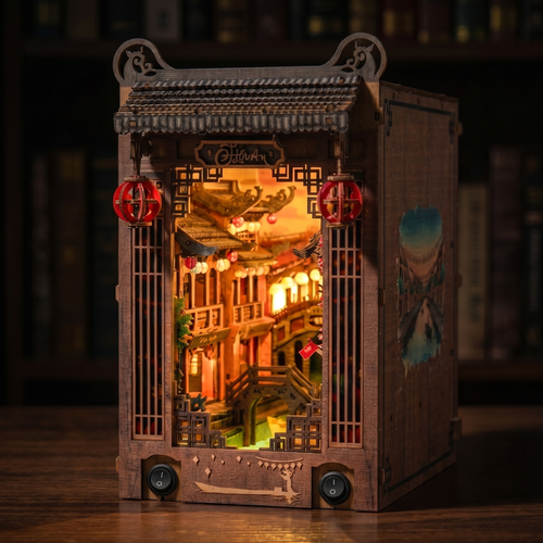 Hoi An Old Town book nook kit assembled with warm LED lighting and Vietnamese lantern town