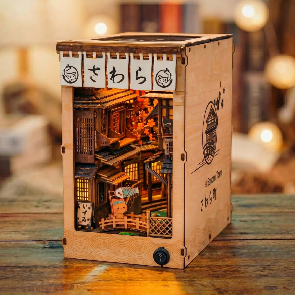 Sawara Town book nook kit assembled with warm LED lighting and Edo-period canal town