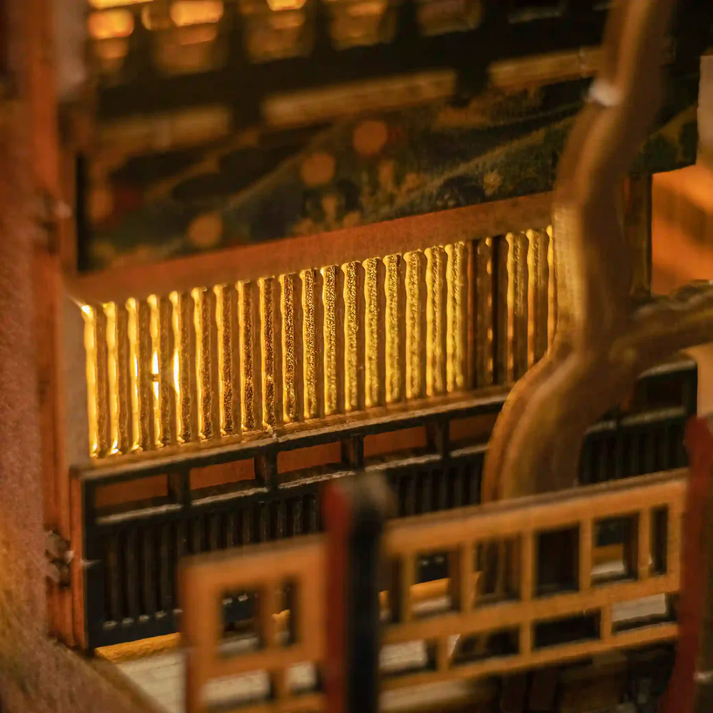 Detailed view of windows and doors on Ginzan Onsen book nook kit