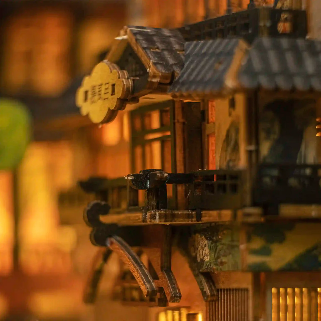 Ginzan Onsen book nook kit build progress showing intermediate assembly stage
