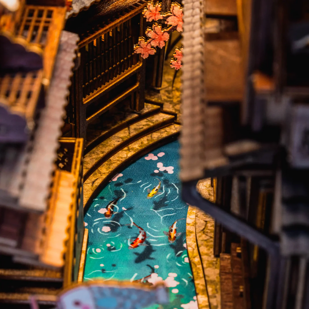 Side angle view of Sawara Town book nook kit showing depth and dimension