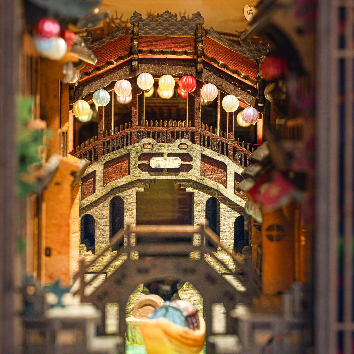 Front view of completed Hoi An Old Town book nook kit display piece