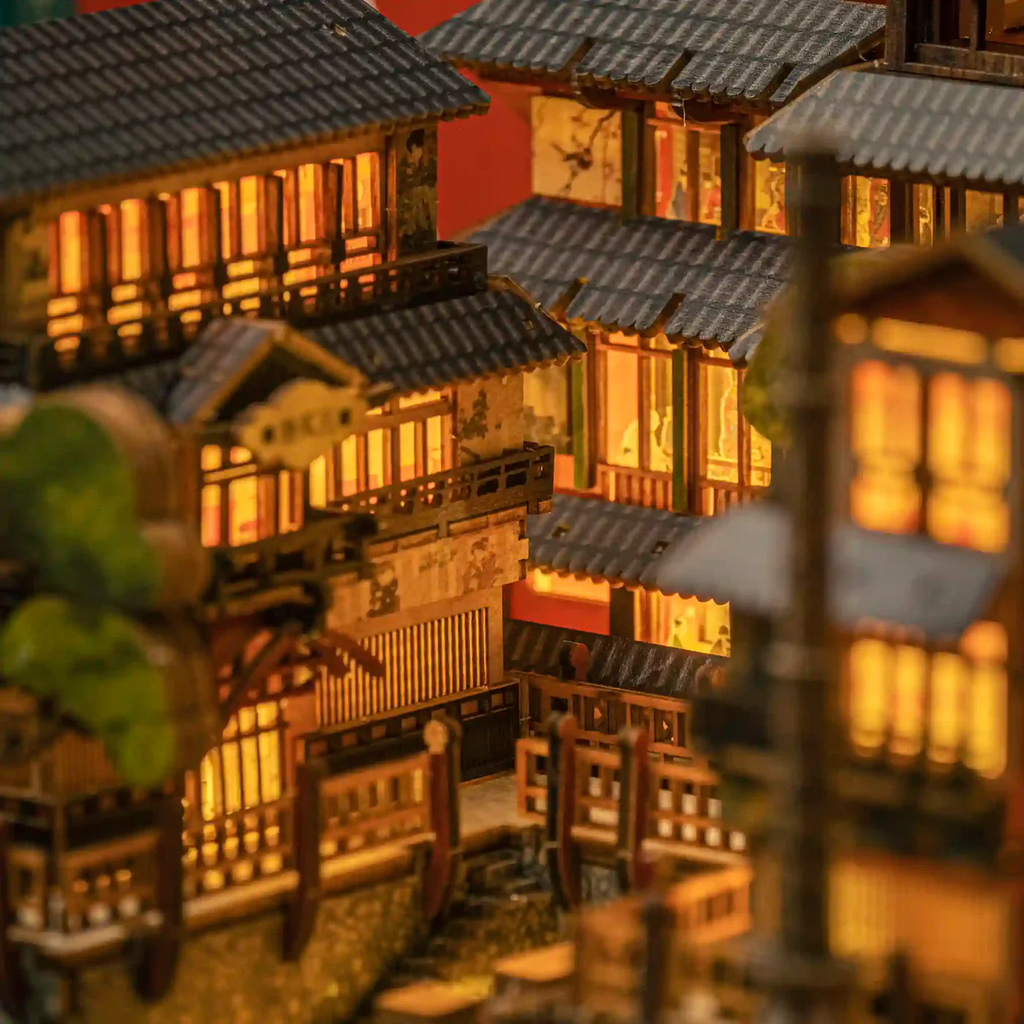 Macro shot of fine craftsmanship details on Ginzan Onsen book nook kit