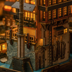 Three-quarter view of Ginzan Onsen book nook kit with all LEDs activated