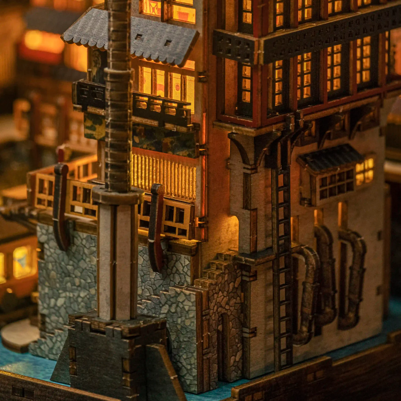 Three-quarter view of Ginzan Onsen book nook kit with all LEDs activated