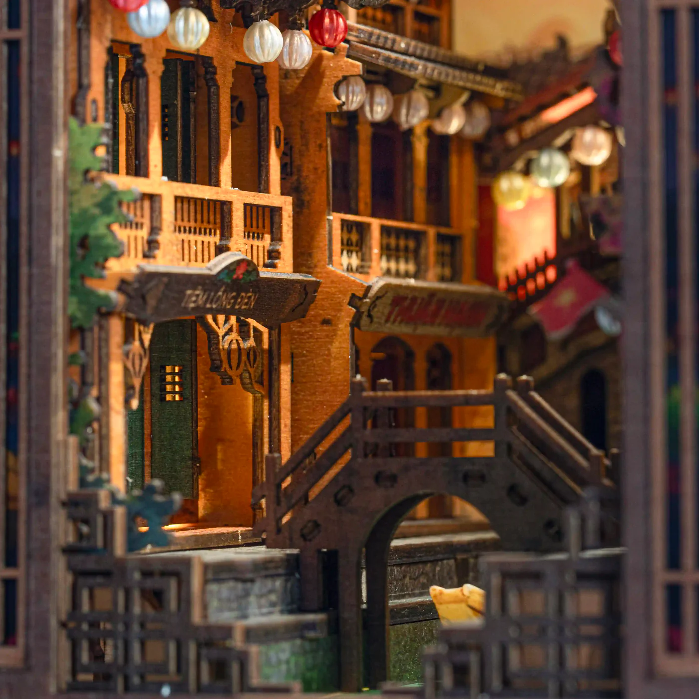 Macro shot of fine craftsmanship details on Hoi An Old Town book nook kit