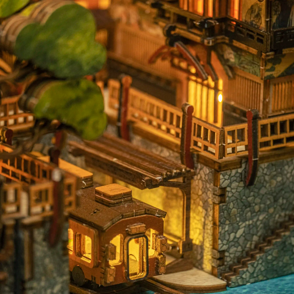 Detail shot showing wood grain texture on Ginzan Onsen book nook kit