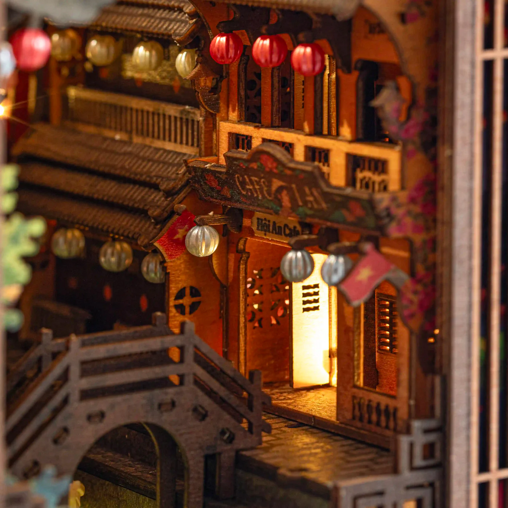 Three-quarter view of Hoi An Old Town book nook kit with all LEDs activated